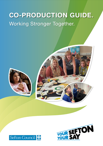 An image of the front of the co-production guide. There are sweeping green and blue stripes diagonally across the page. In the centre are three images of children and adults speaking to each other and working around a table with notes.