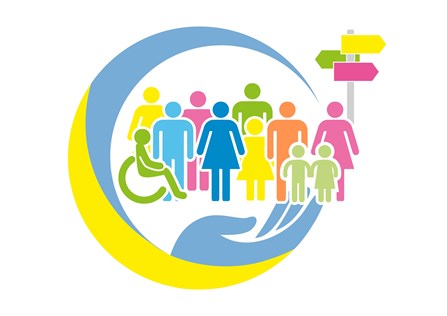 The Ask SARA logo - a graphic including a row of brightly coloured people, with a signpost to their right. Surrounding them is a circle, which turns into a hand holding them up.