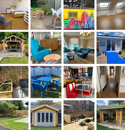 A collage of projects, including diners, garden improvements and supported seating