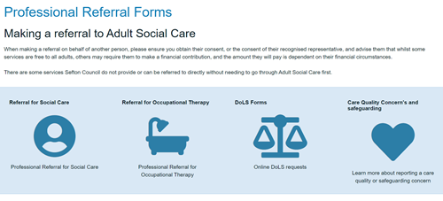 Professional referral icons for Social Care, Occupational Therapy, Deprivation of Liberty Safeguards and Safeguarding