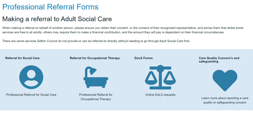 Professional referral icons for Social Care, Occupational Therapy, Deprivation of Liberty Safeguards and Safeguarding