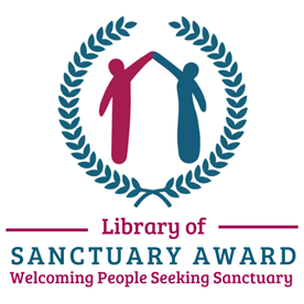the logo for library of sanctuary award is 2 people reaching towards each other surrounded by a wreath
