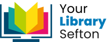 sefton libraries logo which is an outline of a computer with an open rainbow book inside