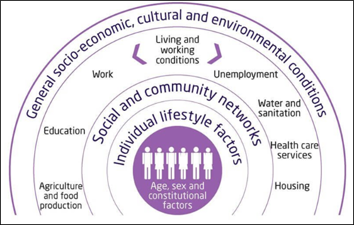 A diagram showing the different influences on health. From age, sex and genes, to lifestyle factors, social and community networks, living and working conditions, and the economy, environment and culture. These influences are often called health determinants.