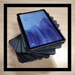 photo of a stack of samsung tablets in a spiral shape