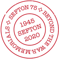 sefton war memorial stamp logo with "sefton 75 beyond the war memorials" around the outside and "1945 sefton 2020" in the middle