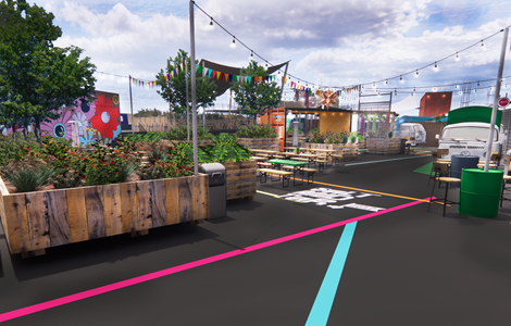 An artist's rendition of the new Salt and Tar space. At the front of the image are wooden planters with flowers. In the background and to their right are picnic benches and shipping containers where food will be served. Banners and string lights hang above the space.