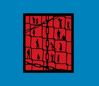 Silhouettes of people, including adults and children, are depicted within a red chain-link fence pattern with black chain links.