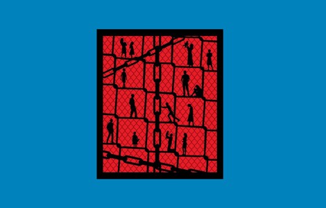 Silhouettes of people, including adults and children, are depicted within a red chain-link fence pattern with black chain links.
