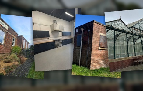 Collage of a brick building with a sign reading 'Library', a modern kitchen, a brick outbuilding, and a glass