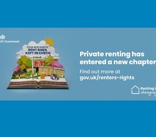 “UK Government banner featuring an illustrated street scene emerging from an open book, with the messages ‘Your new rights: rent rises kept in check’ and ‘Private renting has entered a new chapter’, directing people to gov.uk/renters-rights.”