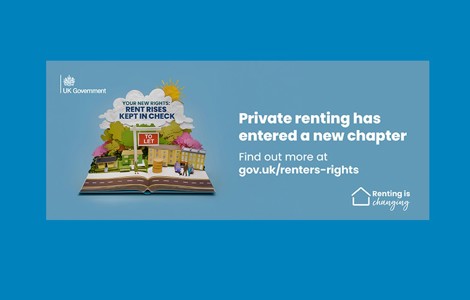 “UK Government banner featuring an illustrated street scene emerging from an open book, with the messages ‘Your new rights: rent rises kept in check’ and ‘Private renting has entered a new chapter’, directing people to gov.uk/renters-rights.”