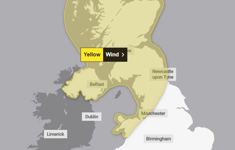 Map showing area of northern England and Scotland covered by a yellow area indicating area affected by met Office weather warning