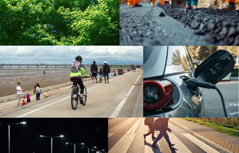 a collage of photos, including LED street lighting, children crossing the road, a cyclist in southport, an electric car being charged, trees, and some workmen adding a new layer onto a road.