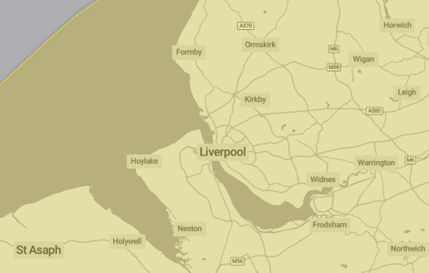 Map showing Merseyside covered by Yellow weather warning