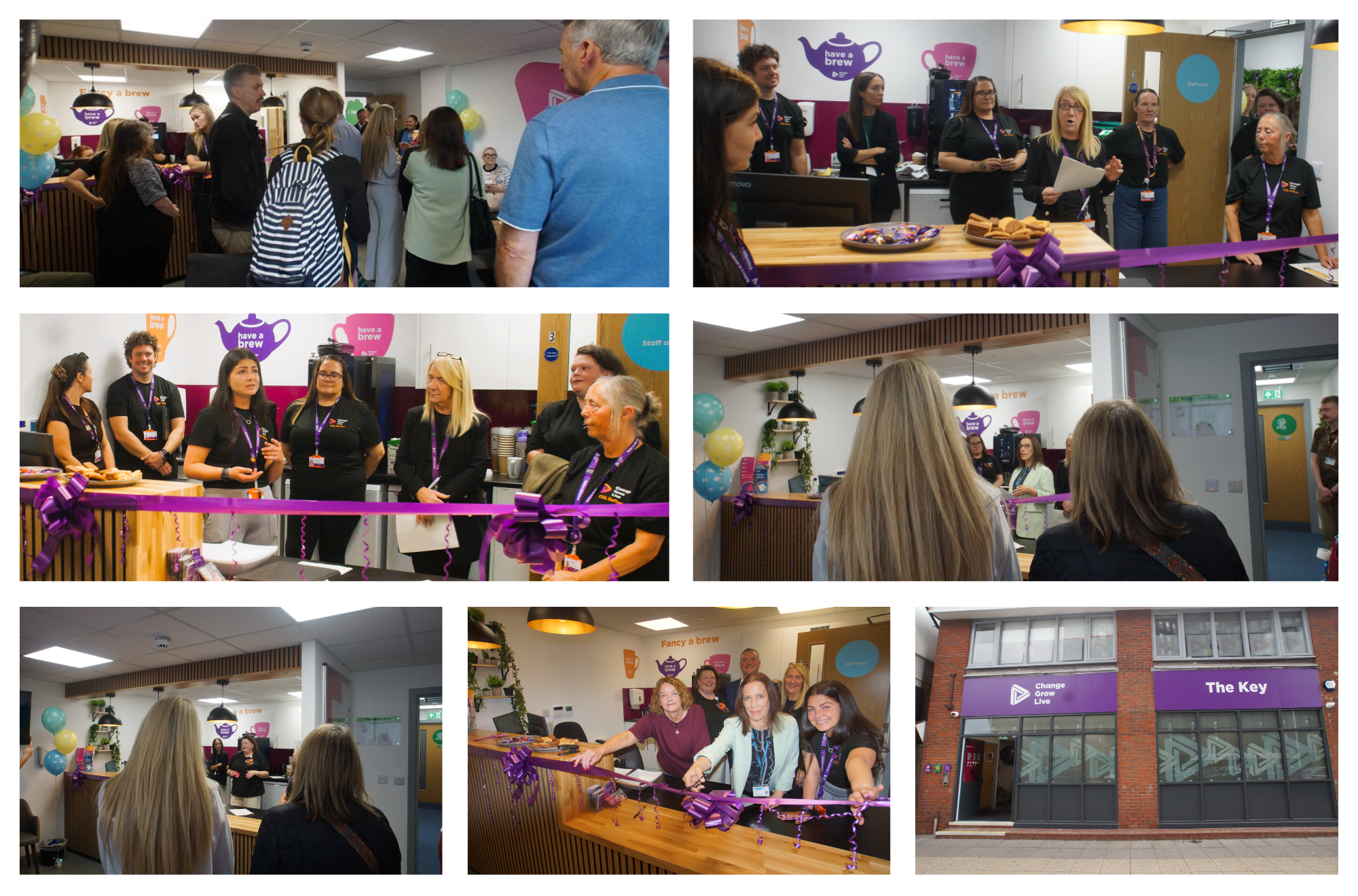 People gathered for a ribbon cutting ceremony at an office space with "Fancy a brew" signage.