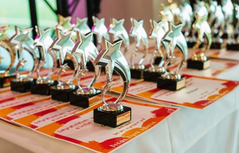 Star shaped Superstar Awards  lined up on a table, standing  on top of  orange certificates