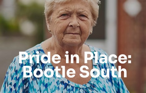 Picture of an older person with the words Pride in Place Bootle South in white letters 