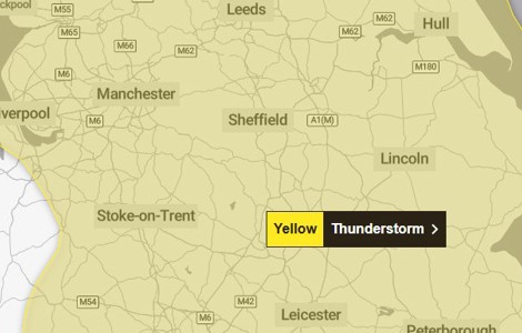 Map showing area covered by Met Office warning of heavy rain and thunder