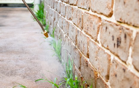 Nozzle spraying weeds alongside a brick wall