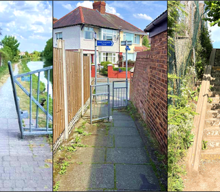 Three photos of paths blocked with a metal chicane, a metal gate, and steps, demonstrating barriers on paths in Sefton.