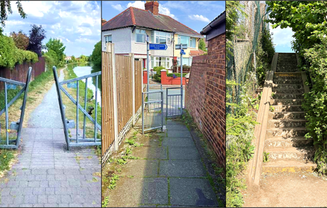 Three photos of paths blocked with a metal chicane, a metal gate, and steps, demonstrating barriers on paths in Sefton.